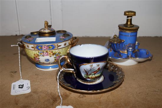 19C French Encrier a Pompe, a Sevres-style porcelain inkstand, Dresden double salt, Limoges cup & saucer etc (faults)(-)